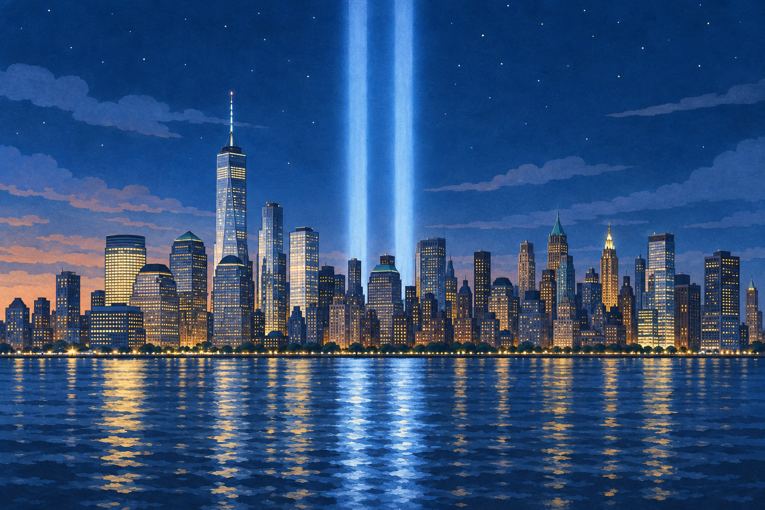 Ilustración del homenaje de dos columnas de luz sobre Nueva York al anochecer
