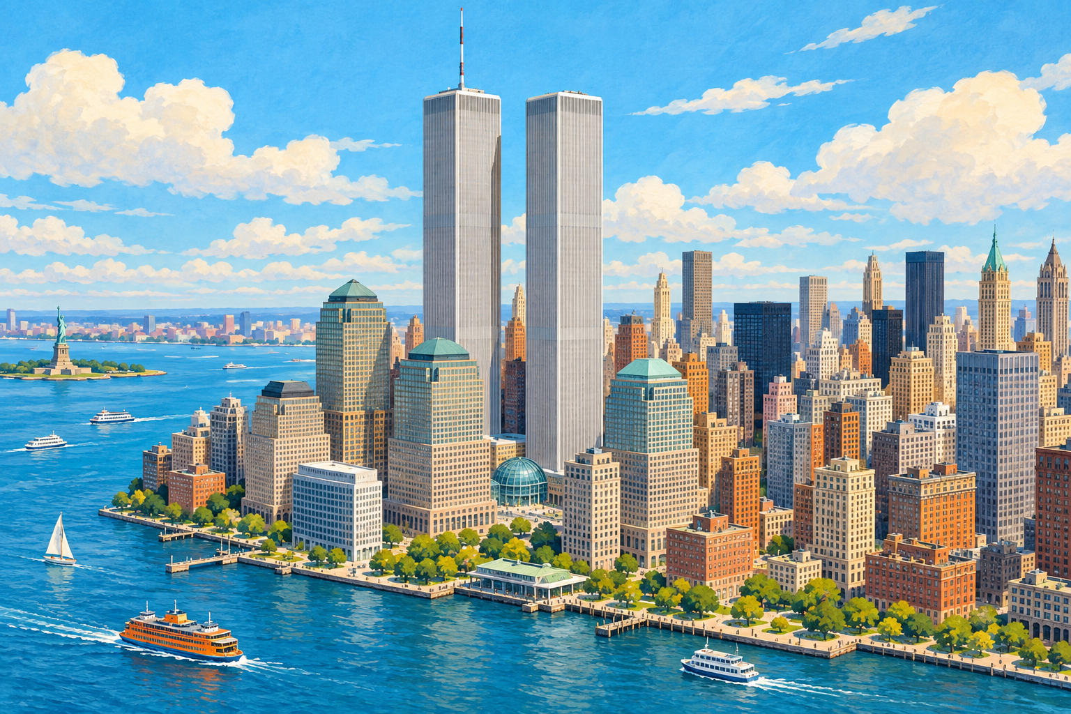 Ilustración de las Torres Gemelas y Nueva York antes de 2001