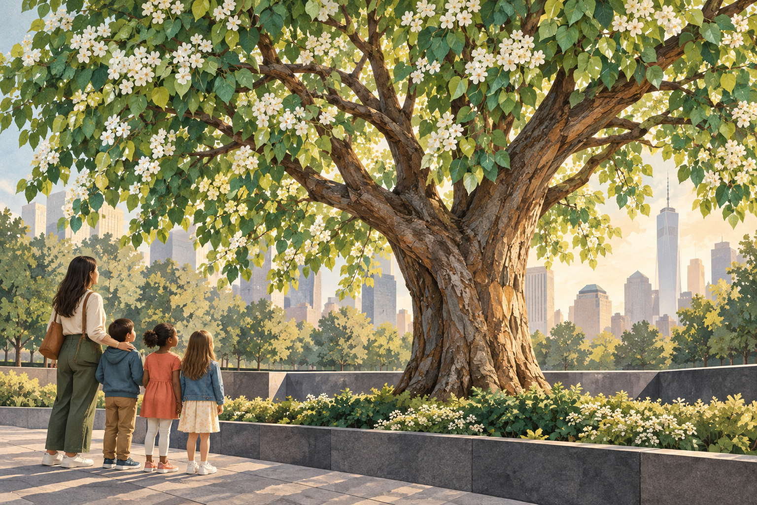 Ilustración de una familia junto a un árbol en un espacio de recuerdo